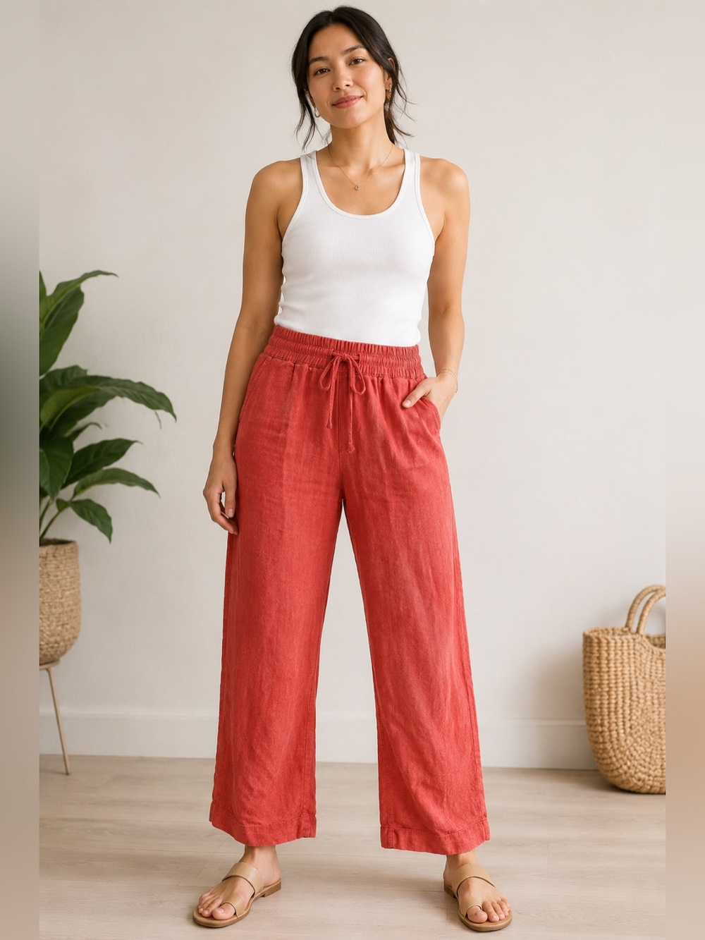 Athleta Linen Blend Jogger Pants Size 12 Rust Orange Drawstring Pockets